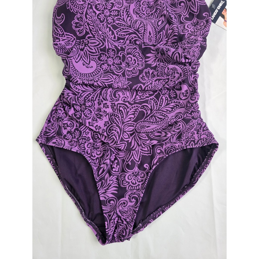 LandsEnd Purple Paisley One Piece Swimsuit UPF50 Ruched Hook Back XS 1956311 NWT - Picture 5 of 16